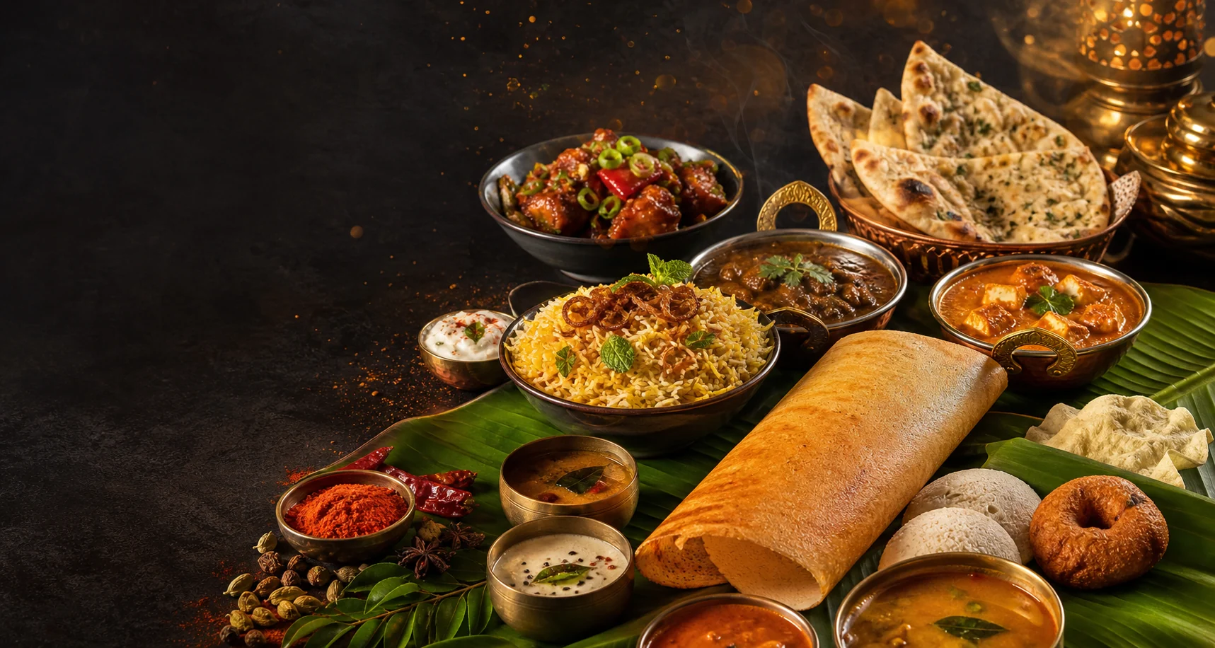A colourful feast with dosa, biryani, curries, naan and Indo-Chinese favourites